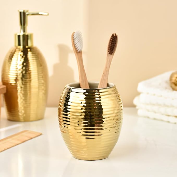 Gold Bathroom Accessory Set - 3 Piece Striped Style Decorative Ceramic Bathroom Accessories Sets with Lotion Soap Dispenser, Toothbrush Holder/Tumbler and Soap Dish, Golden Gift Set for New Home Decor