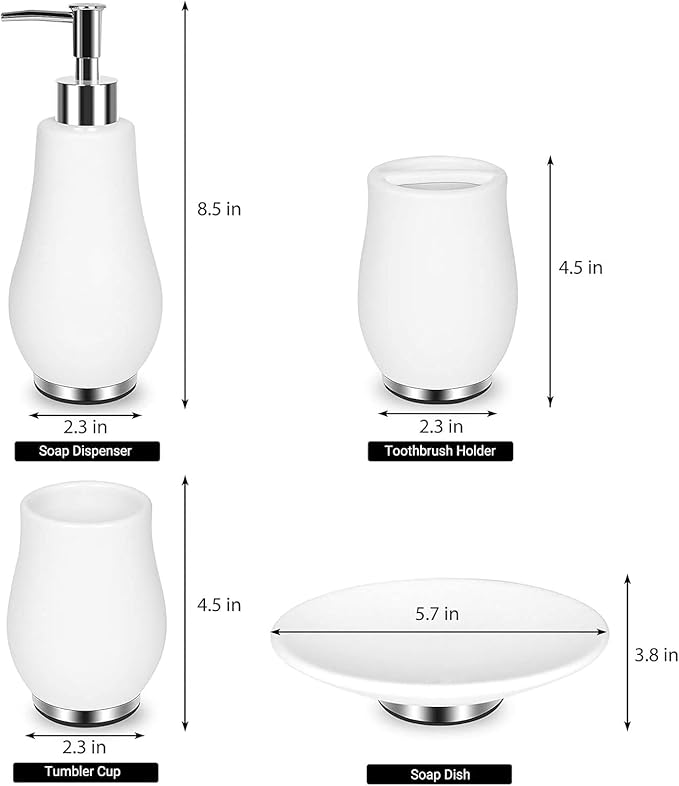 RQYIXI Bathroom Accessories Set 4 Pcs Toothbrush Holder Soap Dispenser Ceramic Bathroom Accessory Set with Toothbrush Cup Soap Dish Tumbler White