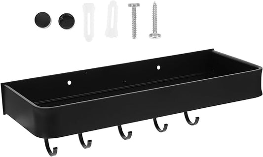 TOYANDONA Wall-Mounted Bathroom Shelf Aluminum Floating Shelf 30cm Black No-Drill Storage Rack with Hooks, Household Wall Holder for Bathroom Organization and Home Supply