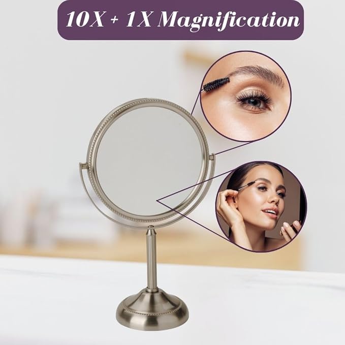 JERDON Two-Sided Tabletop Makeup Mirror - Makeup Mirror with 10X Magnification & Swivel Design - Portable 6-Inch Diameter Mirror in Nickel Finish - Model JP910NB