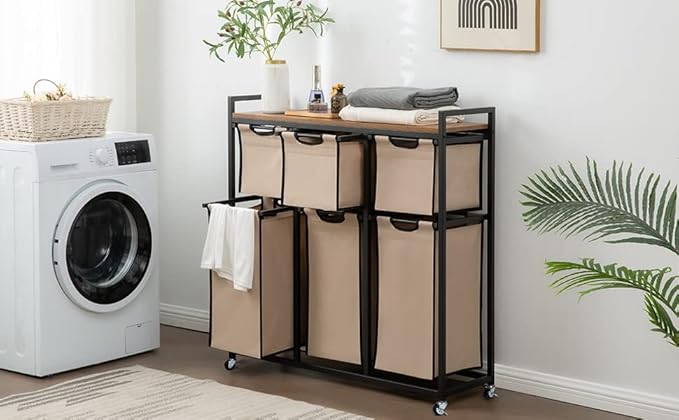 Suntage Laundry Basket Organizer, Hampers for Laundry 6 Compartments, Laundry Hamper with 6 Sliding Laundry Sorter Bags, Top Storage Shelf, and Metal Frame (6 Compartments)