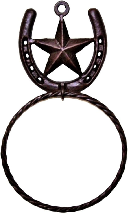 Rustic Metal Horseshoe with Star Towel Ring for Western Bath Décor