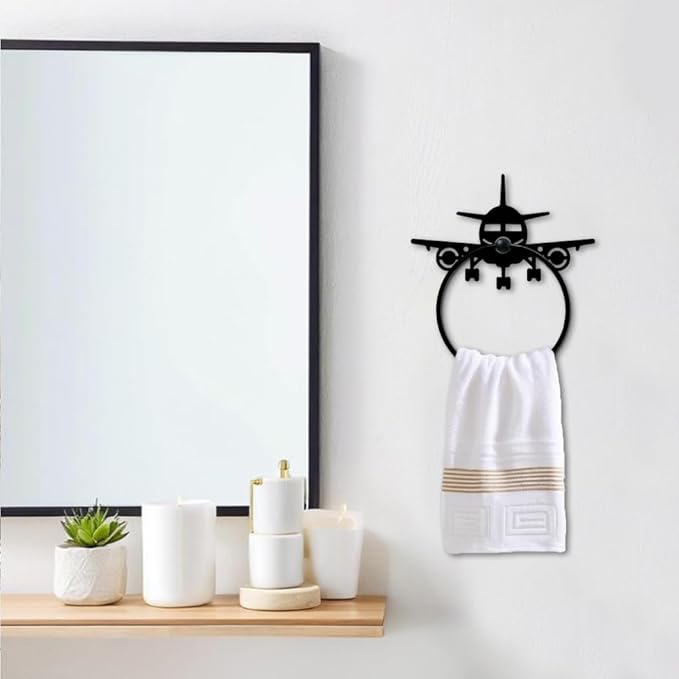 MAYJOYDIY Airplane Metal Towel Ring Model Aircraft Towel Holder for Wall Transportation Wall Decor Towel Hanger Black Art Towel Rack Wall Mounted for Bathroom Kitchen Home Boys Room Decors Gift