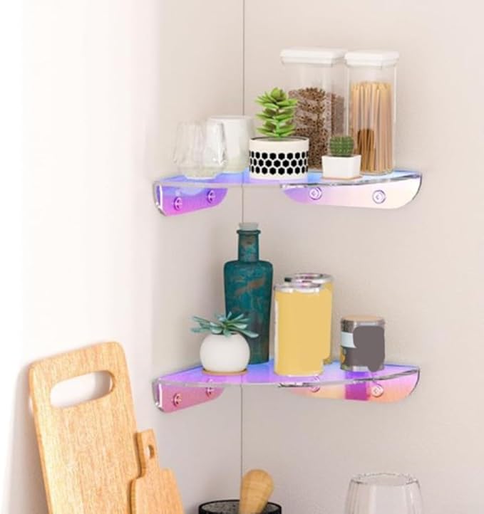 Iridescent Acrylic Corner Shelves Set of 2 for Wall Mounted Storage and Space Saving in Bathroom Kitchen Bedroom Office (colorful)