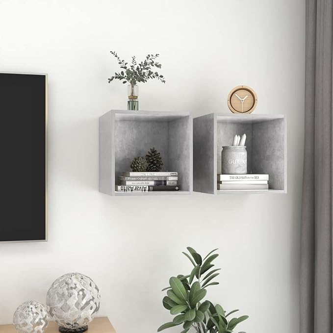 Wall Cabinet Set of 2, Modern Square Floating Storage Shelves for Living Room, Bedroom or Office, Concrete Grey Engineered Wood, 14.6 x 14.6 x 14.6 inch, Space-Saving Mountable Display Units
