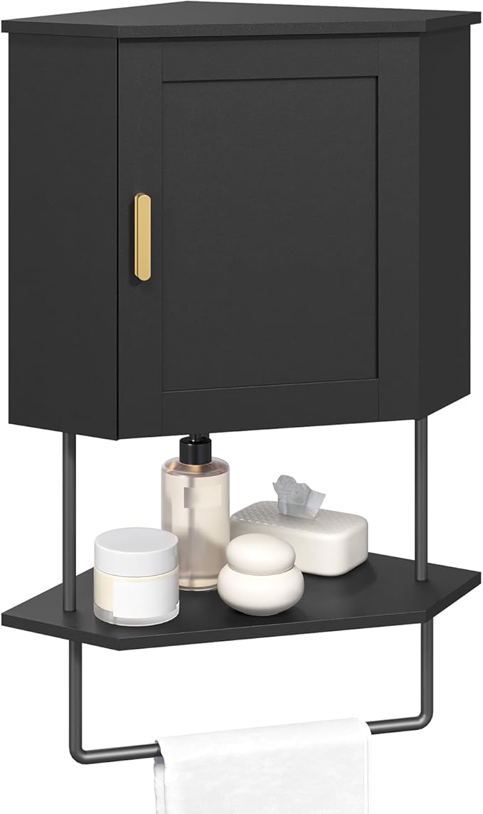 MAHANCRIS Bathroom Wall Cabinet, Corner Wall Mount Medicine Cabinet with Adjustable Shelf & Towel Bar, 3-Tier Over Toilet Storage Cabinets for Bathroom Laundry Room Kitchen, for Small Space, Black