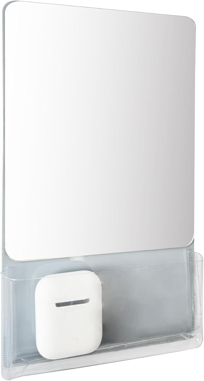 Magnetic Locker Mirror with Fully Magnetic Back, 9.45" x 5.51" Small Real Glass Super Clear Reflection Mirror with Storage Pocket for School Locker Refrigerator Office Cabinet -Grey, 1 Pc