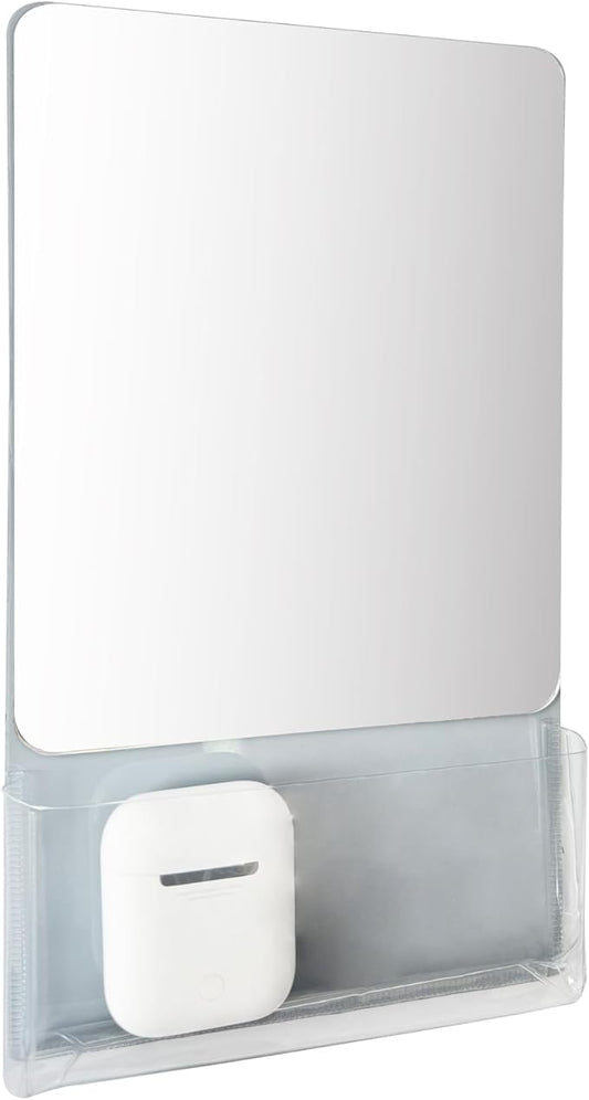 Magnetic Locker Mirror with Fully Magnetic Back, 9.45" x 5.51" Small Real Glass Super Clear Reflection Mirror with Storage Pocket for School Locker Refrigerator Office Cabinet -Grey, 1 Pc