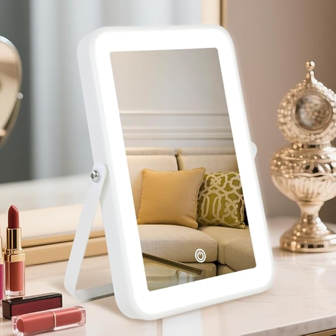 Rechargeable LED Vanity Mirror with Lights, 10"x7" Small Lighted Makeup Mirror, Portable Travel Desk Mirror, 3-Color Lighting, for Dorm, Bedroom, Gifts for Women