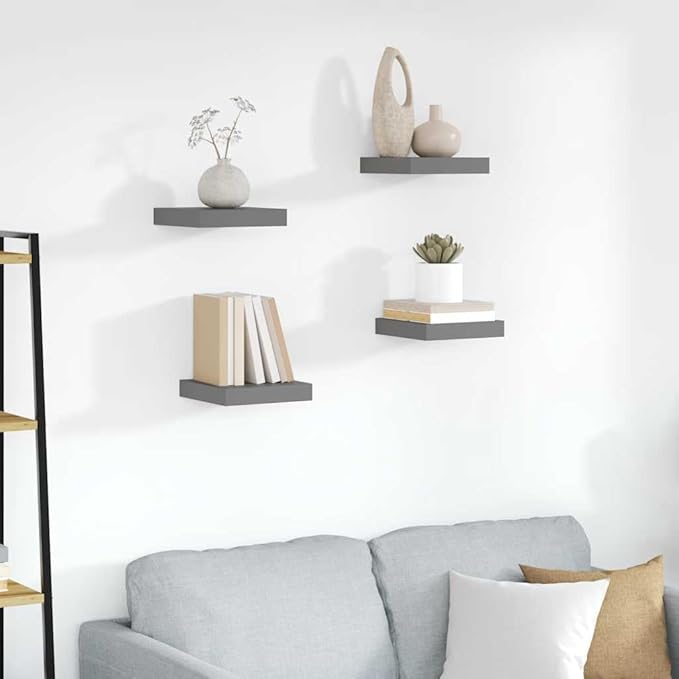 Floating Wall Shelves Set of 4, Modern High Gloss Gray Display for Living Room Bedroom, Invisible Mounting, 9.1x9.3x1.5 Inch MDF Shelves for Decor, Books, Collectibles, Easy Installation