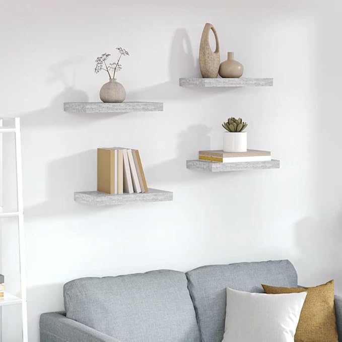 Wall Shelf Set of 4, Modern Concrete Gray Floating Shelves for Wall Decor, MDF Rectangular Display Shelving Unit for Living Room, Office, Bedroom Storage