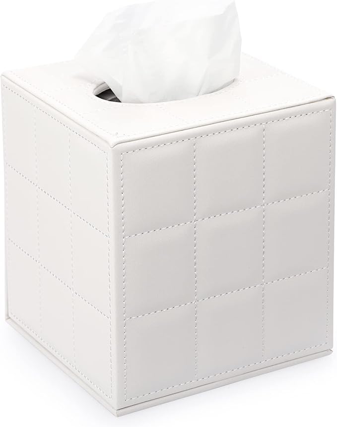 Sumnacon Square Leather Tissue Box Cover - Stylish Cube Tissue Box Holder with Magnetic Bottom, Decorative PU Tissue Box for Vanity Dresser Night Stand Table Countertop Home Office Car, Grid White