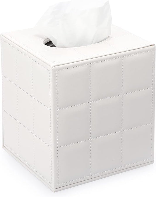 Sumnacon Square Leather Tissue Box Cover - Stylish Cube Tissue Box Holder with Magnetic Bottom, Decorative PU Tissue Box for Vanity Dresser Night Stand Table Countertop Home Office Car, Grid White