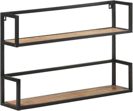 Industrial Wall Shelf 31.5 Inch Floating Shelves with Powder-Coated Iron Frame, 2-Tier Rustic Mango Wood Storage Rack for Living Room, Bedroom, Home Office Decor