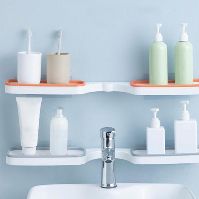 Wall-Mounted Foldable Corner Storage Rack 2pcs Punch-Free Bathroom Shelf Organizer with Drainage for Home, White Orange and White Gray