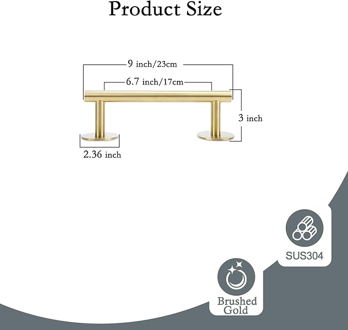 9 Inch #304 SUS Over The Door Towel Racks Wall Mounted,Self Adhesive Brushed Gold Bathroom Accessories, Small Bathroom Organizer & Dish Towel Holder&Shower Shoe Shelves