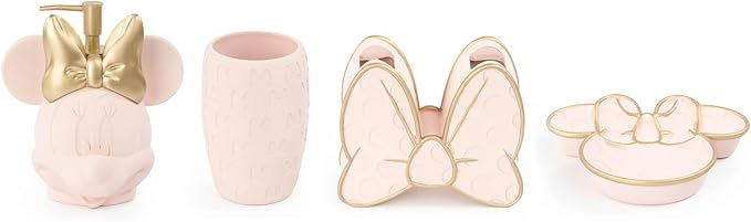 Jay Franco Disney Minnie Mouse Organizer Set - 4 Piece Pink Accessories Includes Resin Soap Dispenser, Soap Dish, Toothbrush Holder and Tumbler - Bathroom Décor