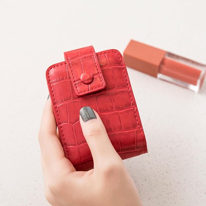 Lipstick Case, Genuine Leather Lipstick Case with Mirror, Lipstick Organizer Mini Cosmetic Storage for Women