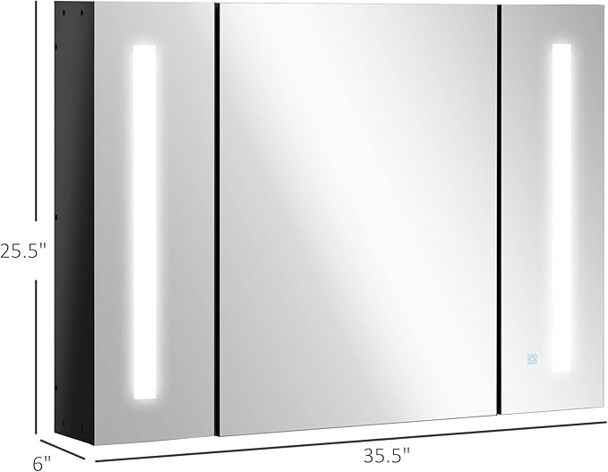 kleankin Wall Mounted Mirror Cabinet,LED Lighted Medicine Cabinet with 3 Doors, Adjustable Shelves, Memory Function and USB Charge, High Gloss Black