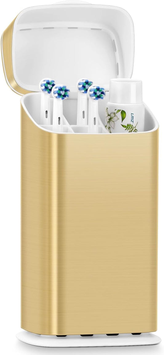 GFWARE Toothbrush Holders with Cover - Electric Toothbrush Length Less Than 9 inches, 5 Slots Tooth Brush Holder for Bathroom, Detachable Toothpaste Holder Bathroom Organizers with Drainage, Gold