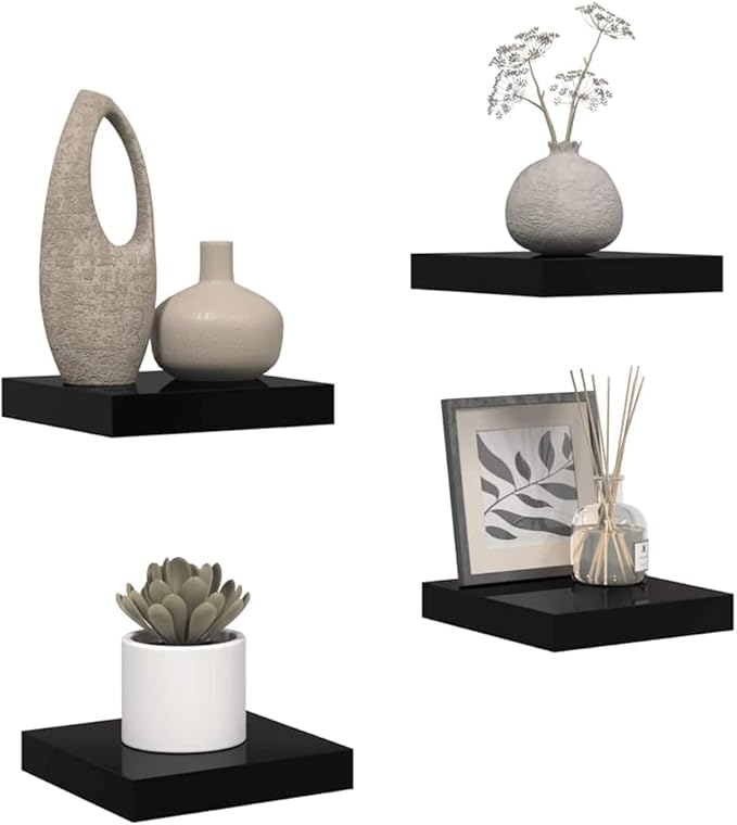 Set of 4 Wall Shelves, Modern Floating Honeycomb Shelves, High Gloss Black MDF Decorative Shelves for Bedroom, Living Room and Office, Easy Mount Storage Display Shelves
