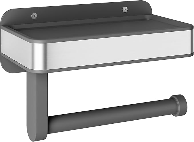 Kitsure Toilet Paper Holder with Shelf - Adhesive & Screw Wall Mount Toilet Paper Storage, Matte Black Design for Bathroom Decor, Space-Saving for Washroom, RV, Grey, 7.1" W