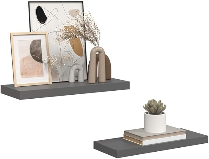 Set of 2 Floating Wall Shelves, 23.6 Inch Modern High-Gloss Gray MDF Rectangular Storage Ledge for Living Room, Bedroom and Office Decor