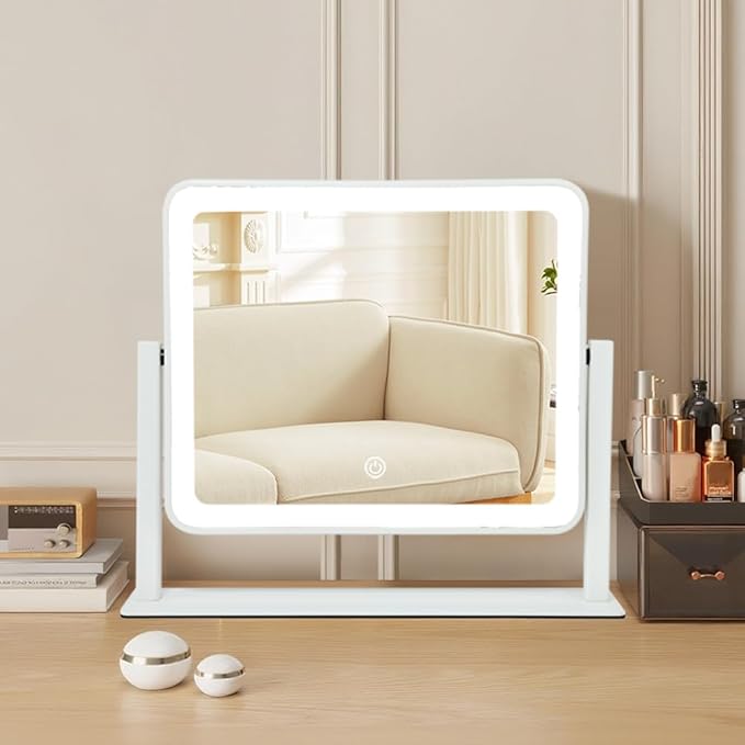 YEKKOPT Rechargeable Vanity Mirror with Lights, 14"×12" LED Makeup Mirror, Smart Touch Control, 3 Color Lighting with Adjustable Brightness,Cosmetic Mirror for Bedroom, Vanity Desk, Beauty Routine