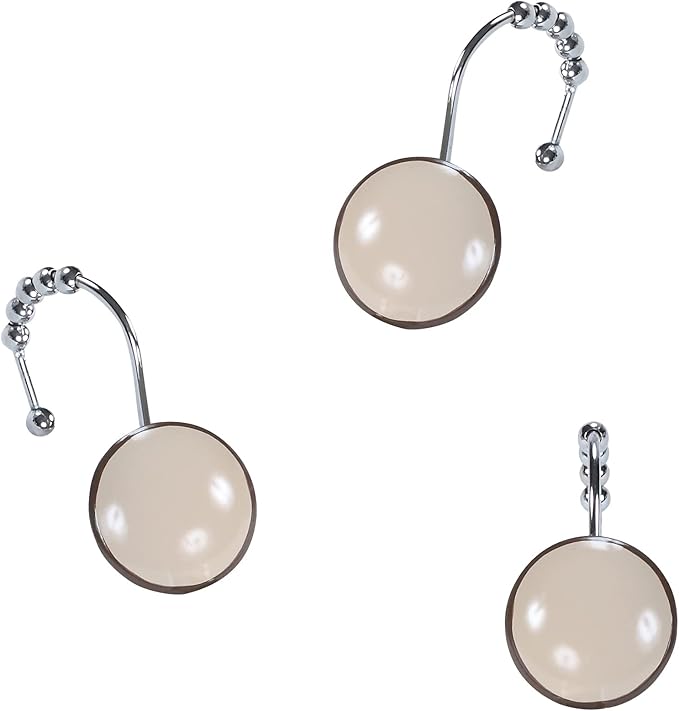 Lucca Taupe Decorative Brown Shower Curtain Hooks,5 Roller Ring Balls Khaki Round Designed Hooks for Bathroom Curtains,Set of 12