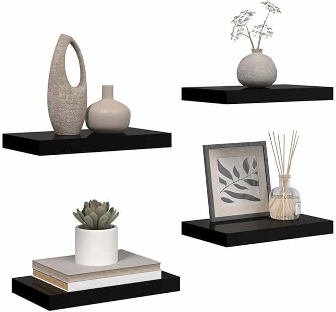 Floating Wall Shelves Set of 4, Modern High Gloss Black Display Shelves for Bedroom, Living Room, Home Office Decor, Stylish Rectangular Wall Mounted Storage Shelves