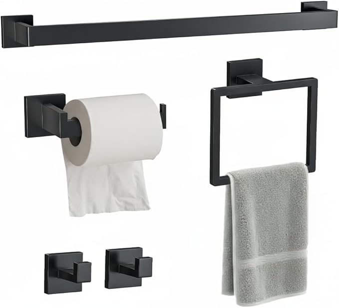 5 Pcs SUS304 Stainless Steel Bathroom Accessories Set, 23.6" Towel Bar, Toilet Paper Holder, Rectangular Towel Ring, Towel Hooks, Minimalist Design for All Styles Bathrooms (Matte Black)