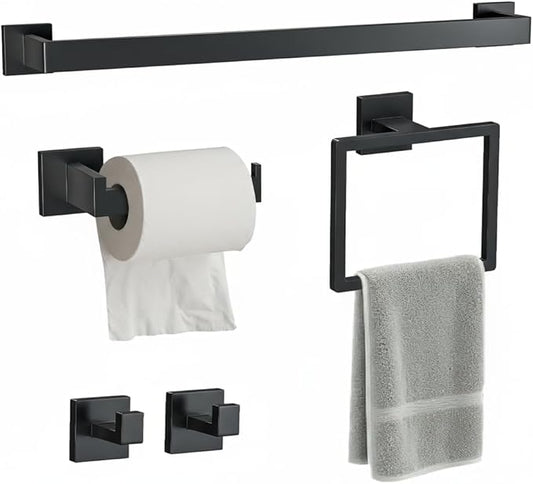 5 Pcs SUS304 Stainless Steel Bathroom Accessories Set, 23.6" Towel Bar, Toilet Paper Holder, Rectangular Towel Ring, Towel Hooks, Minimalist Design for All Styles Bathrooms (Matte Black)