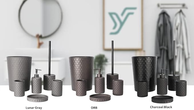 zccz Bathroom Accessory Set, 6 Piece Grey Bathroom Accessories Set with Trash Can, Toothbrush Holder, Toothbrush Cup, Soap Dispenser, Soap Dish, Toilet Brush with Holder, Trash Can, Light Gray