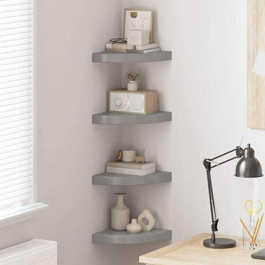 Corner Shelf Set of 4, Floating Wall Mounted Shelves, High Gloss Grey MDF Corner Organizer for Bedroom, Living Room and Office, Modern Display Storage