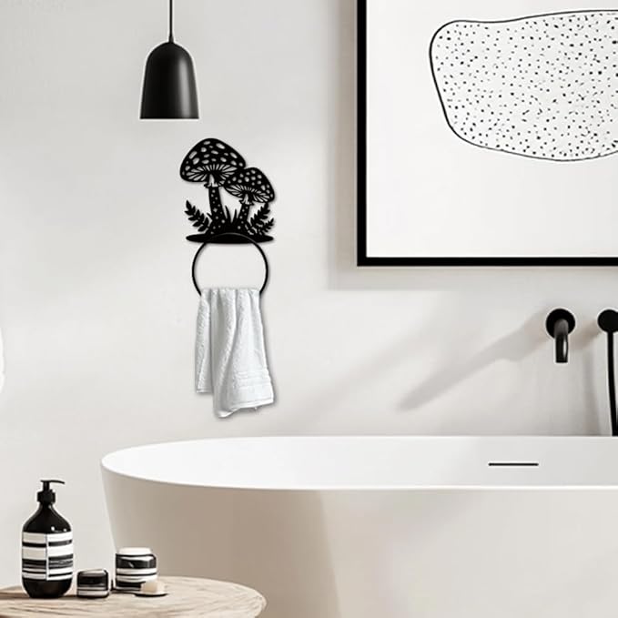 MAYJOYDIY Mushroom Metal Towel Ring Mushroom Leaf Towel Holder Star Dots Pattern Towel Ring Black Art Towel Rack Wall Mounted for Bathroom Kitchen Towel Hanger Home Decors Gift