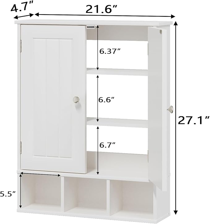 Bathroom Medicine Cabinet 2 Doors with 3 Open Shelves, Over The Toilet Storage Wall Mounted Medicine Cabinet with Adjustable Partitions，Home Cabinet for Bathroom,Living Room,Kitchen,White