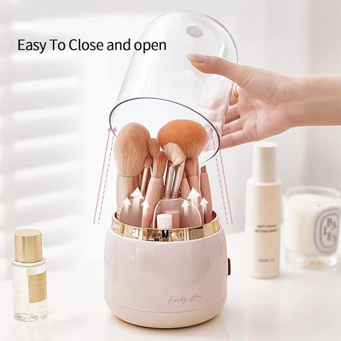 Pink Makeup Brush Holder Organizer with Lid 360 Rotating [2023 New] Clear Cosmetic Brush Organizer for Vanity Desktop Bathroom Countertop (Pink)