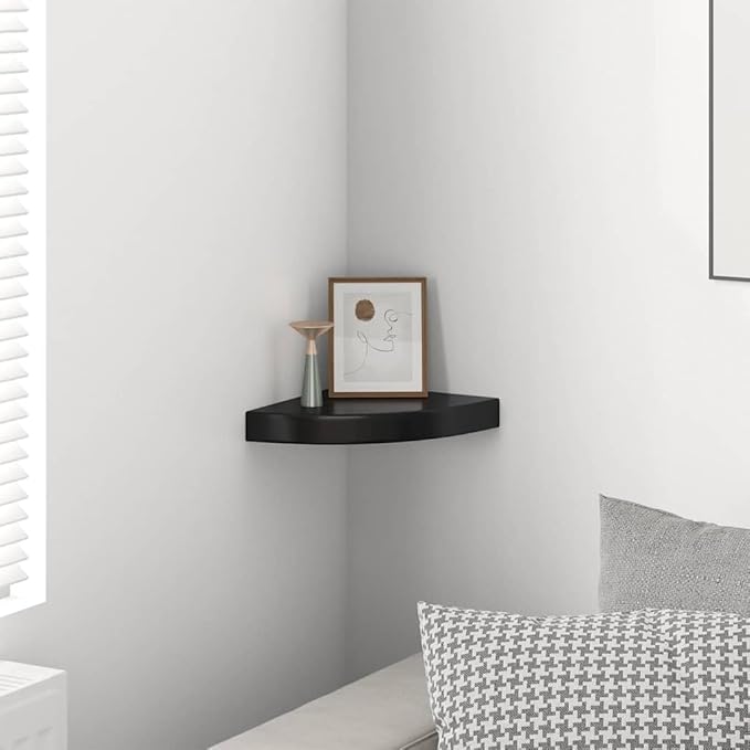 Floating Corner Shelf High Gloss Black Wall Mounted Storage Display Shelf for Bedroom Living Room Office Small Space Organizer MDF 9.8 x 9.8 Inch