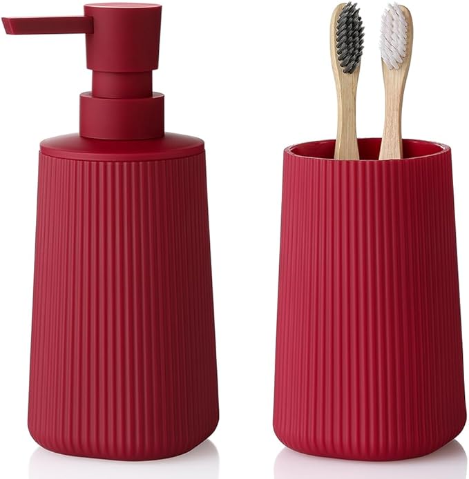 YAUKPH Bathroom Accessories Set 2 Piece Soap Dispenser and Toothbrush Holder for Bathroom Countertop Striped Red