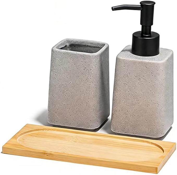 Grey Ceramic Bathroom Accessories Set,Soap Dispenser and Toothbrush Holder with Wooden Tray,Countertop Organizer for Stylish Bathroom