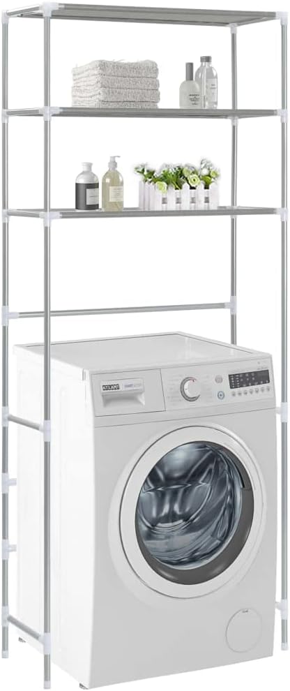 Three-Tier Storage Rack Over Laundry Machine in Silver Finish, 3 Shelves for Bathroom and Laundry Room Organization, Durable Stainless Steel Space-Saving Rack for Supplies