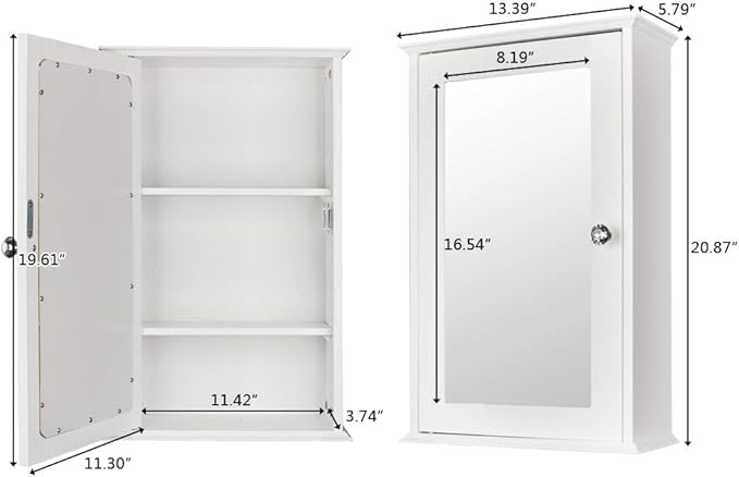 White Mirrored Bathroom Medicine Cabinet, Wall Mount Bathroom Storage Cabinet with with Single Glass Door & Adjustable Shelf