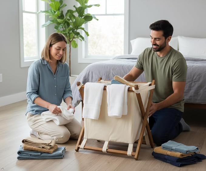 VICTORY RELAX Acacia Wood X-Frame Laundry Hamper, Folding Large Wooden Baskets with Handle, Sorter for Blankets Clothes Pillows Towels, 22'' Tall Natural-Beige