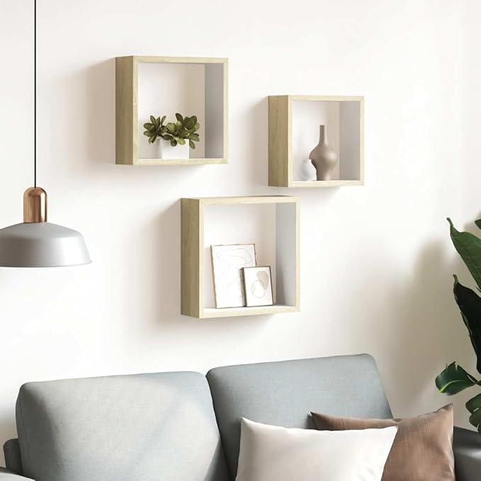 Wall Cube Shelf Set of 3, Floating Shelves for Bedroom Living Room, Modern Decorative MDF Shelves in White and Sonoma Oak, Space-Saving Wall Mounted Display Storage