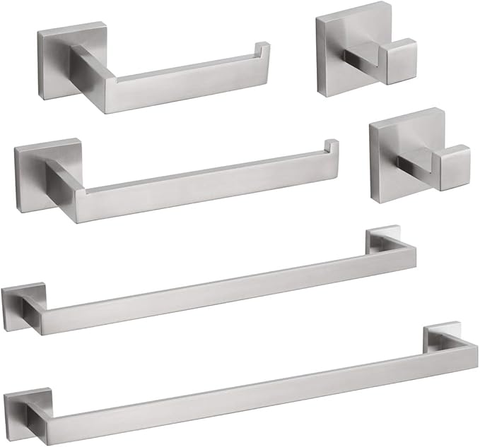 VELIMAX Premium Stainless Steel 6 Pieces Bathroom Hardware Set Wall Mounted Bathroom Accessories Kit Modern Towel Bar Set - 23.6 Inches and 30 Inches, Brushed
