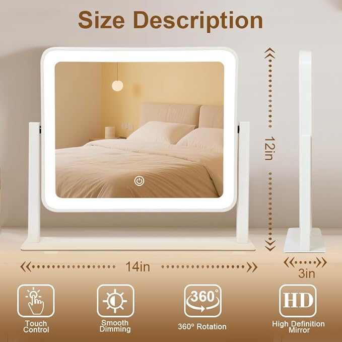Rechargeable Vanity Mirror with Lights,14"x12"LED Lighted Makeup Mirror,Large Makeup Mirror with Lights,Touch Screen with 3-Color Lighting,Dimmable,for Vanity Desk Tabletop,Bedroom