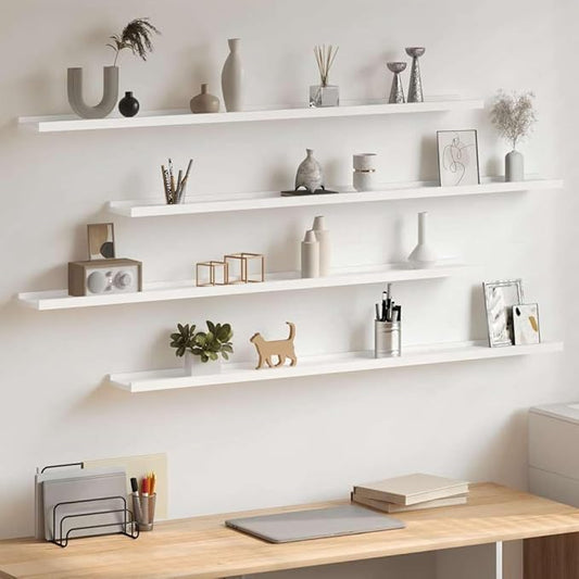Set of 4 Floating Shelves 45.3 Inch Wall Mounted White MDF Shelves for Living Room Bedroom Modern Display Storage Ledge