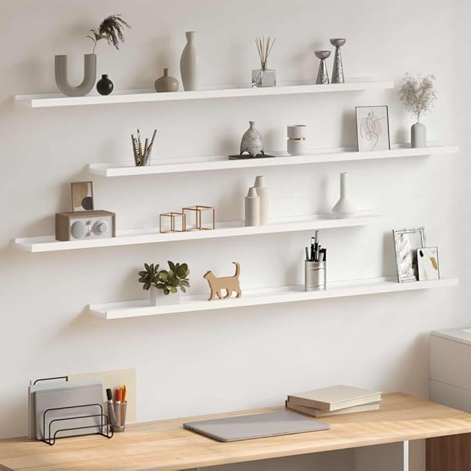 Set of 4 Floating Shelves for Wall, 45.3 inch Long MDF Wall Mounted Storage Shelves, Modern Display Ledge for Bedroom, Living Room and Office, White