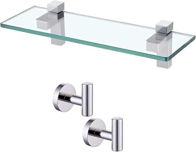 KES 14" Glass Shelf for Bathroom & Coat Hook, Polsihed Finish, BGS3201S35+A2164-P2