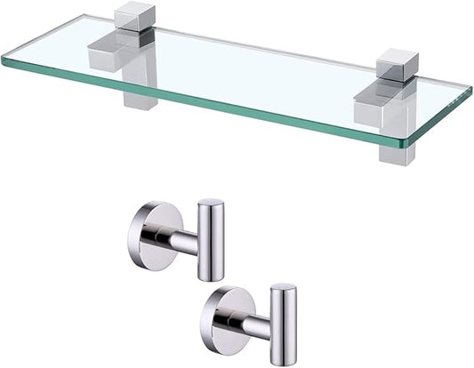 KES 14" Glass Shelf for Bathroom & Coat Hook, Polsihed Finish, BGS3201S35+A2164-P2